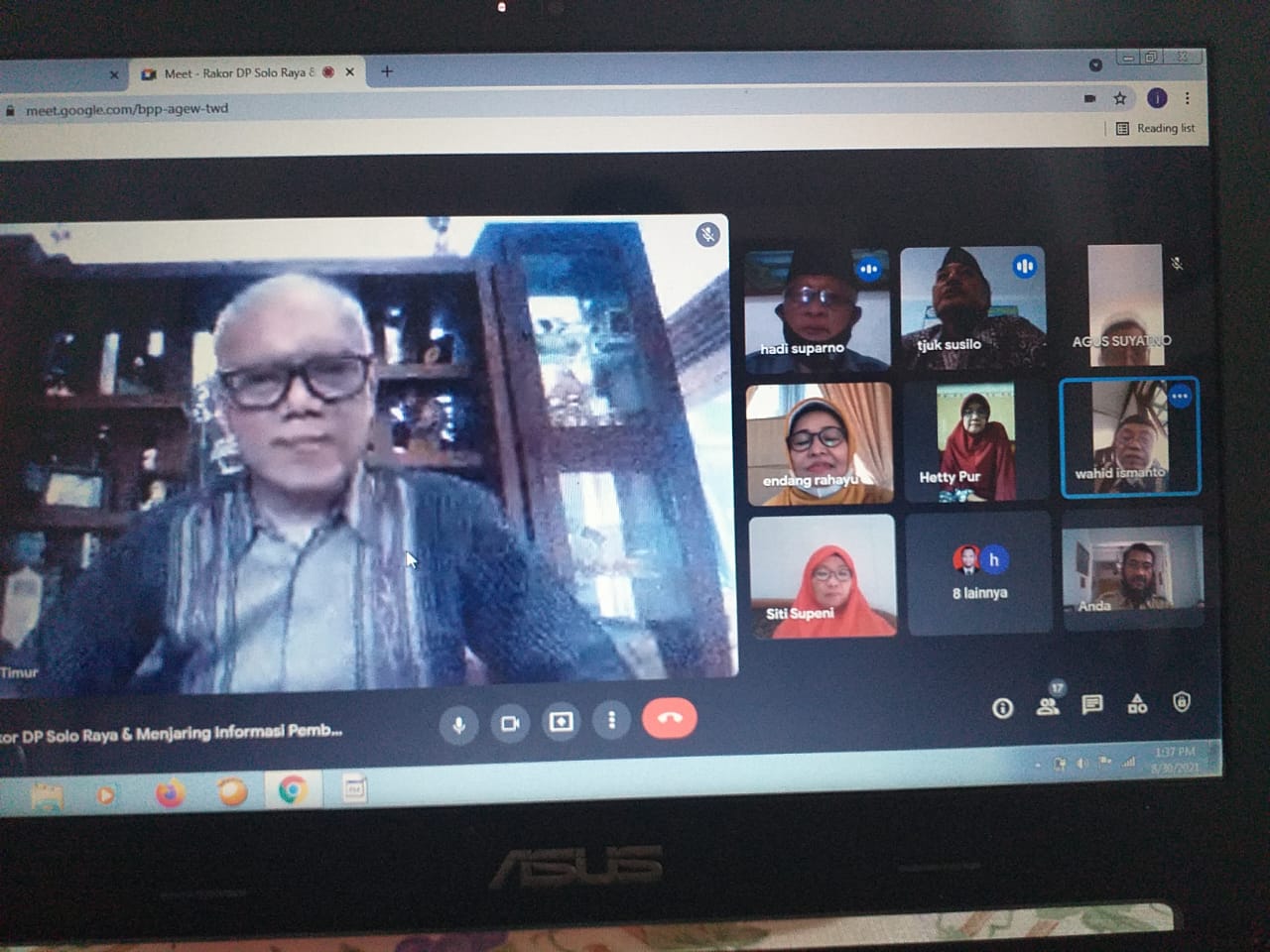 Senin, 30 Agustus 2021. Rapat Koordinasi Dewan Pendidikan Soloraya via Google Meet